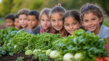 Young girl holds fresh vegetables in a lush garden surrounded by siblings during daytime activity