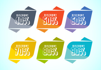 Product discount tag sticker set. Shopping discount label with 40, 50, 60, 70, 80, and 90 percent off