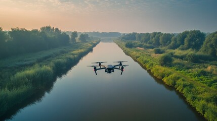 High-tech drone flying over scenic forest river view
