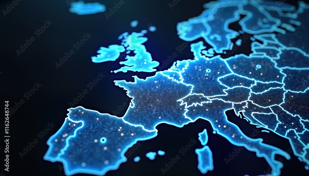 Leinwandbilder abstract map shows western europe. blue lines represent countries interconnected. tech concept globa