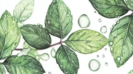 Fototapeta premium Fresh Mint Leaves with Dew Drops Watercolor Painting Nature Background