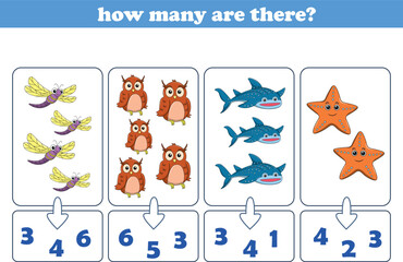 Fototapeta premium Counting game of wild animals for preschool kids. Printable. Vector Illustration