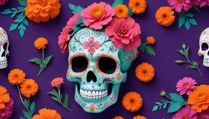 Una colorida calavera de azúcar con diseños florales, rodeada de flores de caléndula naranja sobre un fondo púrpura borroso