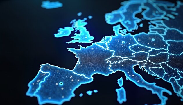 Abstract map shows western europe. Blue lines represent countries interconnected. Tech concept global network. International communication highlighted. Modern design. Data transfer. Global - Powered by Adobe