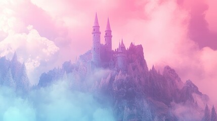 Fototapeta premium A dreamy castle perched on a mountain, surrounded by soft pastel clouds.