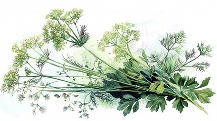 Obraz premium Watercolor Herbs Dill Parsley Fennel Culinary Cooking Fresh