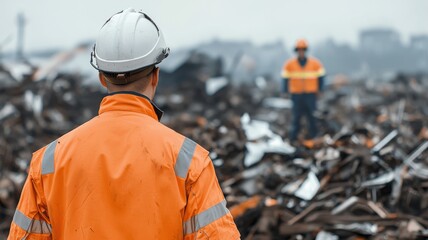 Airplane crash aftermath scene, Two construction workers in safety gear observe a scrapyard filled with debris, showcasing an industrial environment.