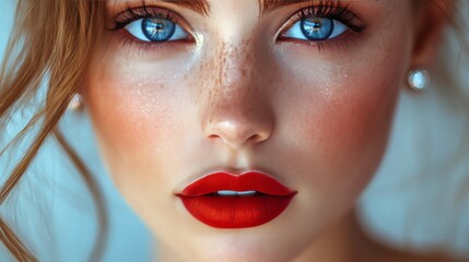 Fototapeta premium Portrait of a woman with striking blue eyes and natural hairstyle against an orange backdrop