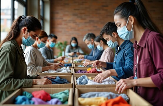 Group of volunteers wearing face masks sorts clothes, aid items inside community charity donation center. Working in organized way. Volunteers putting clothing items in cardboard boxes. Scene takes