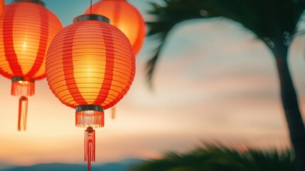 Obraz premium Chinese New Year Background Concept, Elegant Red Lanterns Illuminating the Evening Sky with Warm Glow and Cultural Essence