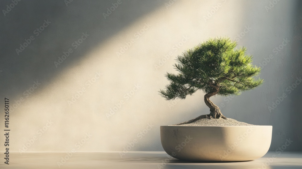 Poster a bonsai tree in a minimalist pot, illuminated by soft light, symbolizing tranquility and nature.