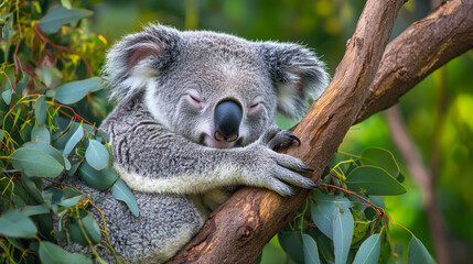 Obraz premium Koala resting peacefully on a tree branch in a serene natural environment