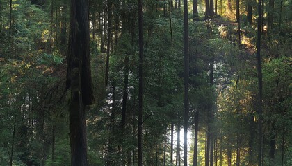 Sunlight filters through a dense forest canopy, illuminating the tall trees and lush undergrowth.  A tranquil and serene natural scene.