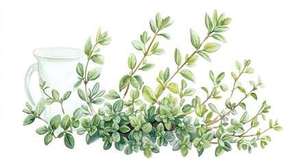 Fototapeta premium Watercolor Thyme Sprigs with Teacup Herbal Green Botanical Illustration