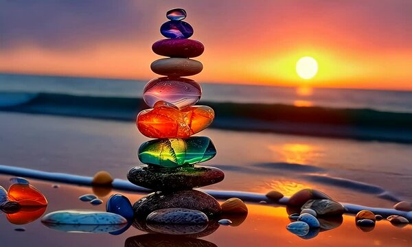 A stack of vibrant, colorful stones balancing perfectly against a serene sunset backdrop