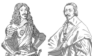 Portraits of the king of France Louis XIII, Louis 13 dans his minister the Cardinal de Richelieu