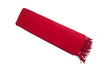 Top view of a red pashmina scarf with fringed edges, a soft, elegant, but simple accessory for...