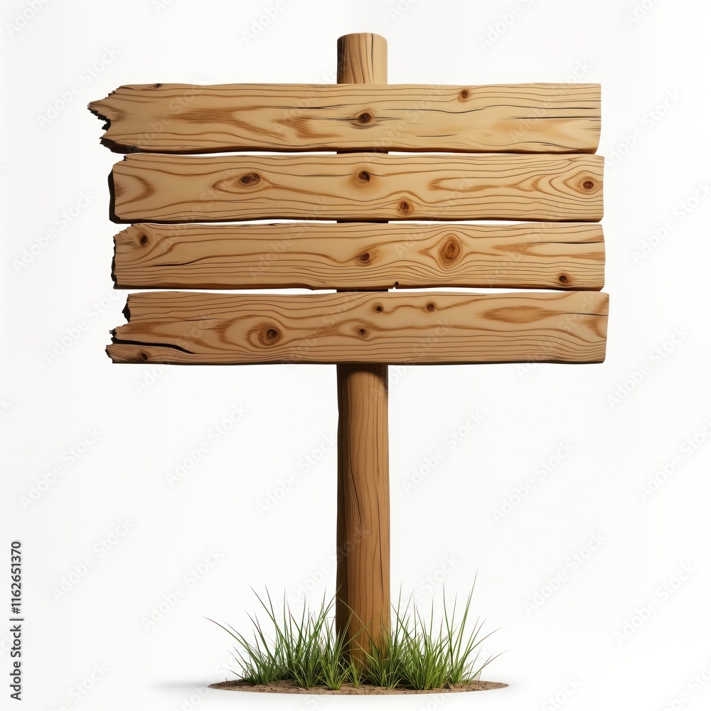 Poster empty rustic wooden sign on post. isolated on white background. blank board ready for text image. si