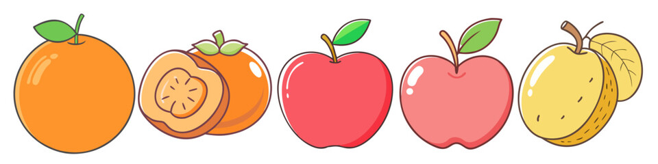 Fototapeta premium Hand-Drawn Classic Fruit Illustrations with Vibrant Colors - A colorful collection of hand-drawn fruit illustrations featuring orange, passion fruit, apples, and sliced pineapple for creative designs.
