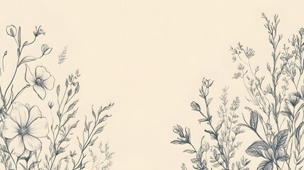 Elegant Botanical Illustration Featuring Delicate Flowers and Grasses