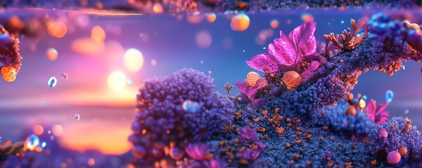 Fototapeta premium Vibrant fantasy coral reef scene at sunset. Magical underwater world with colorful flora and bokeh effects.