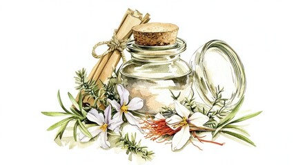 Aromatic Herbal Remedy Glass Jar Flowers Herbs Essential Oil