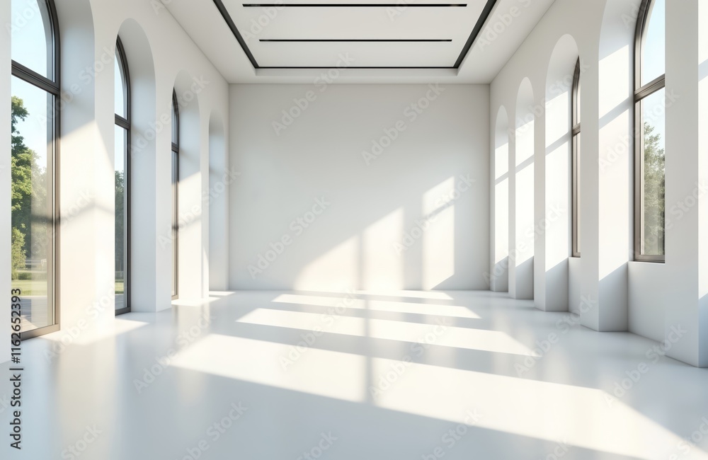 Aufkleber empty modern gallery hall shows blank white wall ready for display. sunlight creates shadows on floo