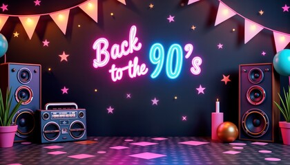 Retro party scene 90s theme. Neon sign Back to 90. Decorative elements like balloons, string lights. Vintage stereo system, boombox. Party atmosphere. Nostalgic vibes. Suitable for events merchandise.