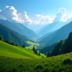Fototapeta premium Majestic mountain landscape, rolling green hills, lush meadows,