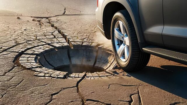 Car Near a Large Pothole on Cracked Asphalt Road Surface Depicting Road Hazard and Infrastructure Damage

