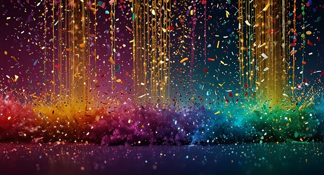 Colorful glitter and confetti on a bright gradient background. Eve event posters, party invitations, pop art