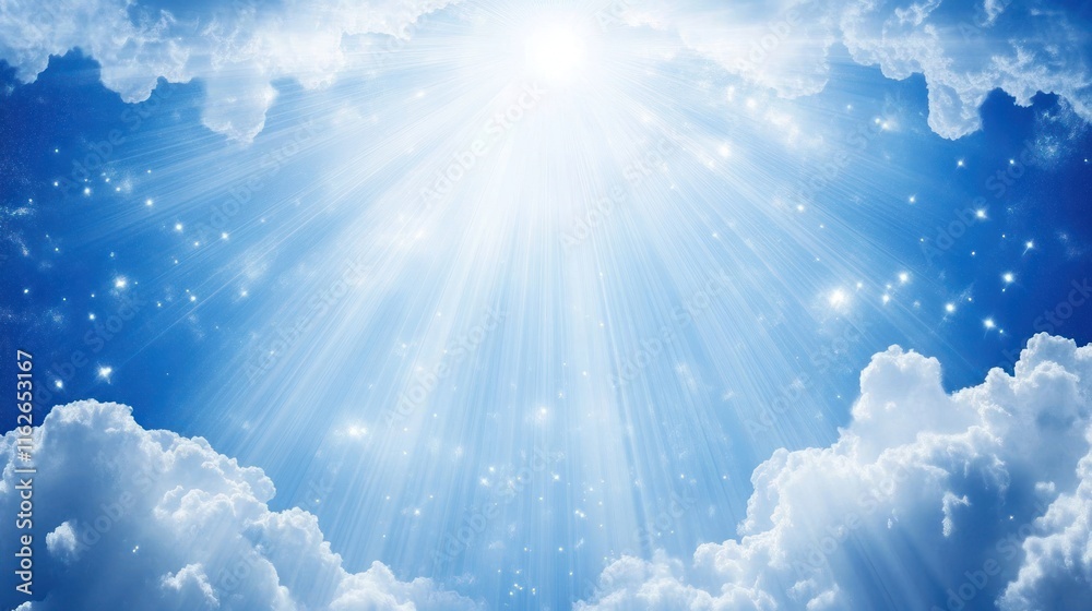 Poster A bright sky with rays of sunlight shining through clouds, creating a serene atmosphere.