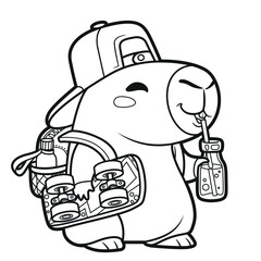 Cute cartoon capybara in school backpack with a skateboard under arm outlined for coloring page on white background