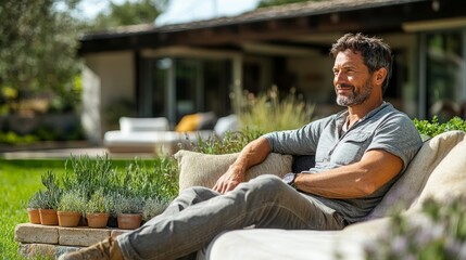 Obraz premium Man relaxing on a couch in a garden surrounded by potted plants during a sunny day