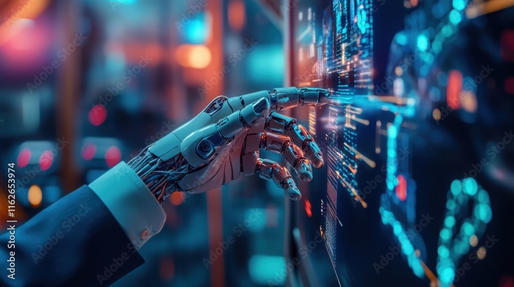 Poster futuristic robot hand interacting with digital interface and data