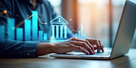 Business person using laptop for online banking. Tech transforming finance. Person works on innovative financial solutions. Streamlining financial processes through tech. Online banking evolving to