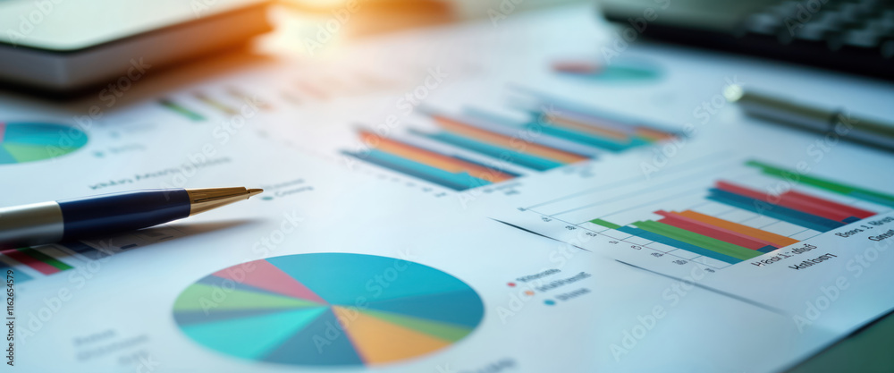 Fototapete Business report with vibrant pie charts, bar graphs. Data-driven analysis displayed on document. Planning, performance evaluation presented. Colorful charts for investment, financial data.
