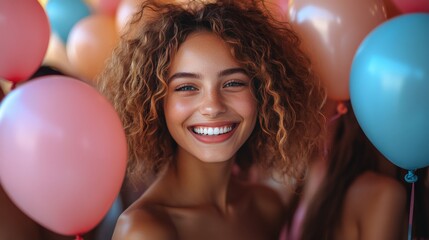 Group of friends celebrating with colorful balloons at a beach party during sunset