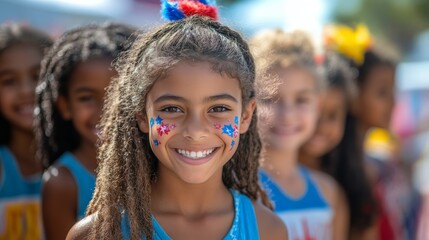 Joyful children covered in colorful paint enjoying a vibrant celebration outdoors in the summer sun