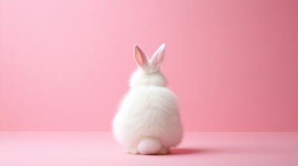 Obraz premium Cute White Rabbit Sitting on Pink Background Looking Backwards