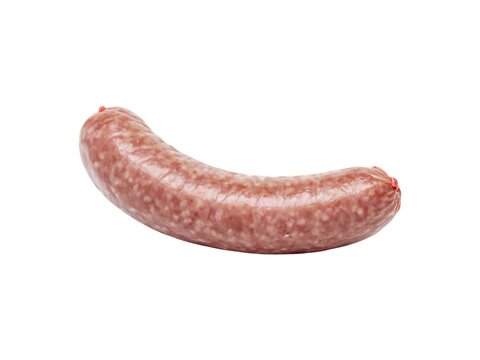 One raw beef sausage isolated isolated on white background.