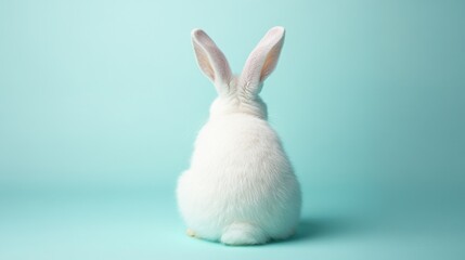 Obraz premium White Rabbit Sitting Against Light Blue Background in Studio