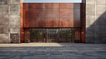 Modern building exterior with rusty metal facade and glass entrance.