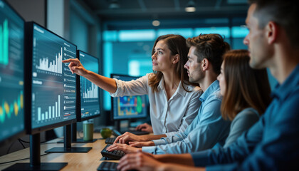 Young woman points at monitors showing data analysis charts. Colleagues watch closely. Team works together on data analysis, strategic planning in office. Collaborative tech business environment.