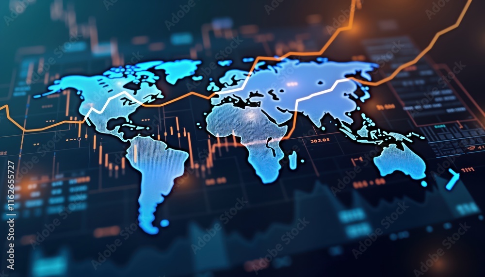 Aufkleber Global financial tech illustration shows world map with dynamic charts, graphs. Interactive global economic data visualization. Business finance concept. Digital data map suggests global