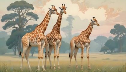 Dos jirafas adultas paradas en un campo de hierba con una jirafa distante visible en el fondo