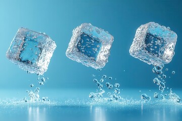 a series of four frosty ice cubes suspended midair showcasing their crystalline structure and surface reflections against a minimalist background creating a refreshing and cool visual effect