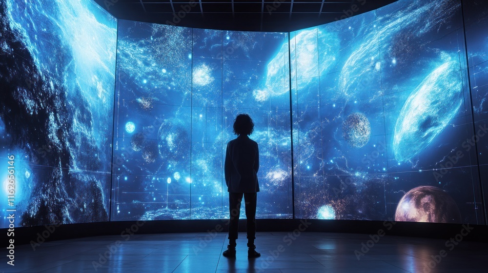 Poster A child gazes at a cosmic display of galaxies and stars in a futuristic setting.