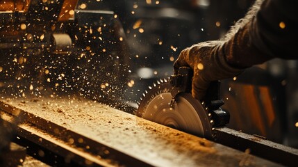 Skilled craftsman cuts wood with precision saw, showcasing expert woodworking techniques in a workshop filled with creative energy.