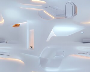 Futuristic white minimalist interior design. Clean lines, glowing accents, and sleek furniture create a modern, spacious feel. Perfect for sci-fi, technology, or luxury concepts.